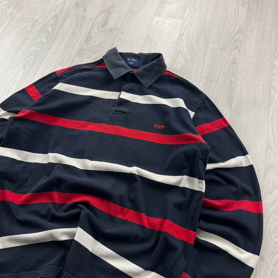 VINTAGE Y2K STRIPED LONG SLEEVE RUGBY POLO SHIRT NAVY