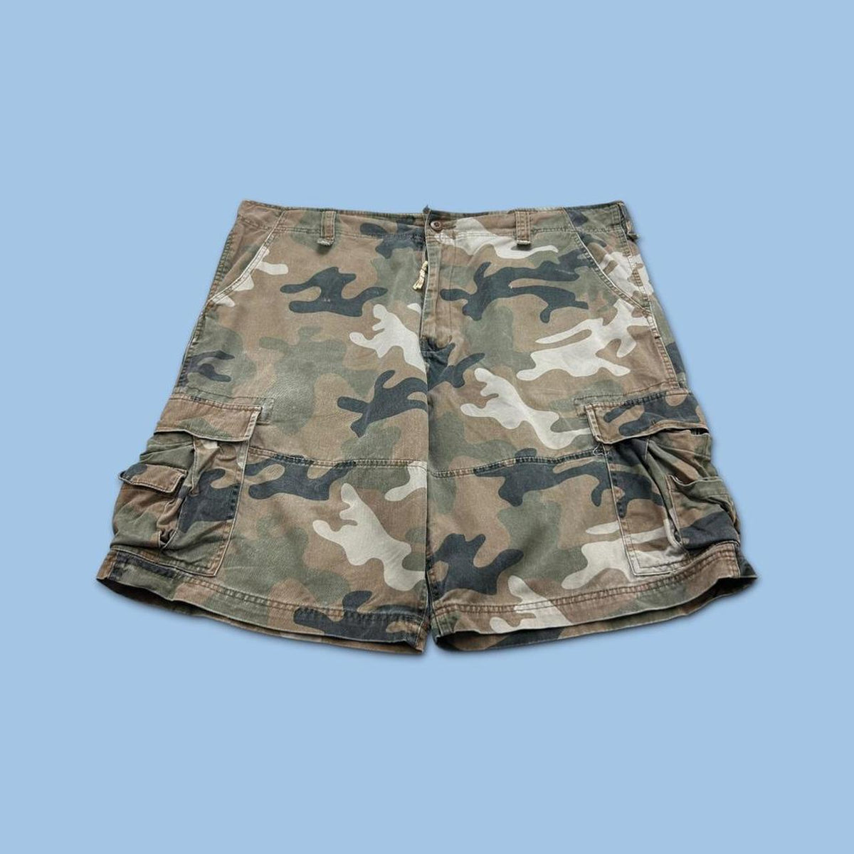VINTAGE Y2K STEVE AND BARRYS BAGGY CAMO CARGO SHORTS KHAKI