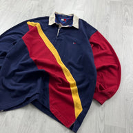VINTAGE Y2K TOMMY HILFIGER STRIPED LONG SLEEVE RUGBY POLO SHIRT NAVY