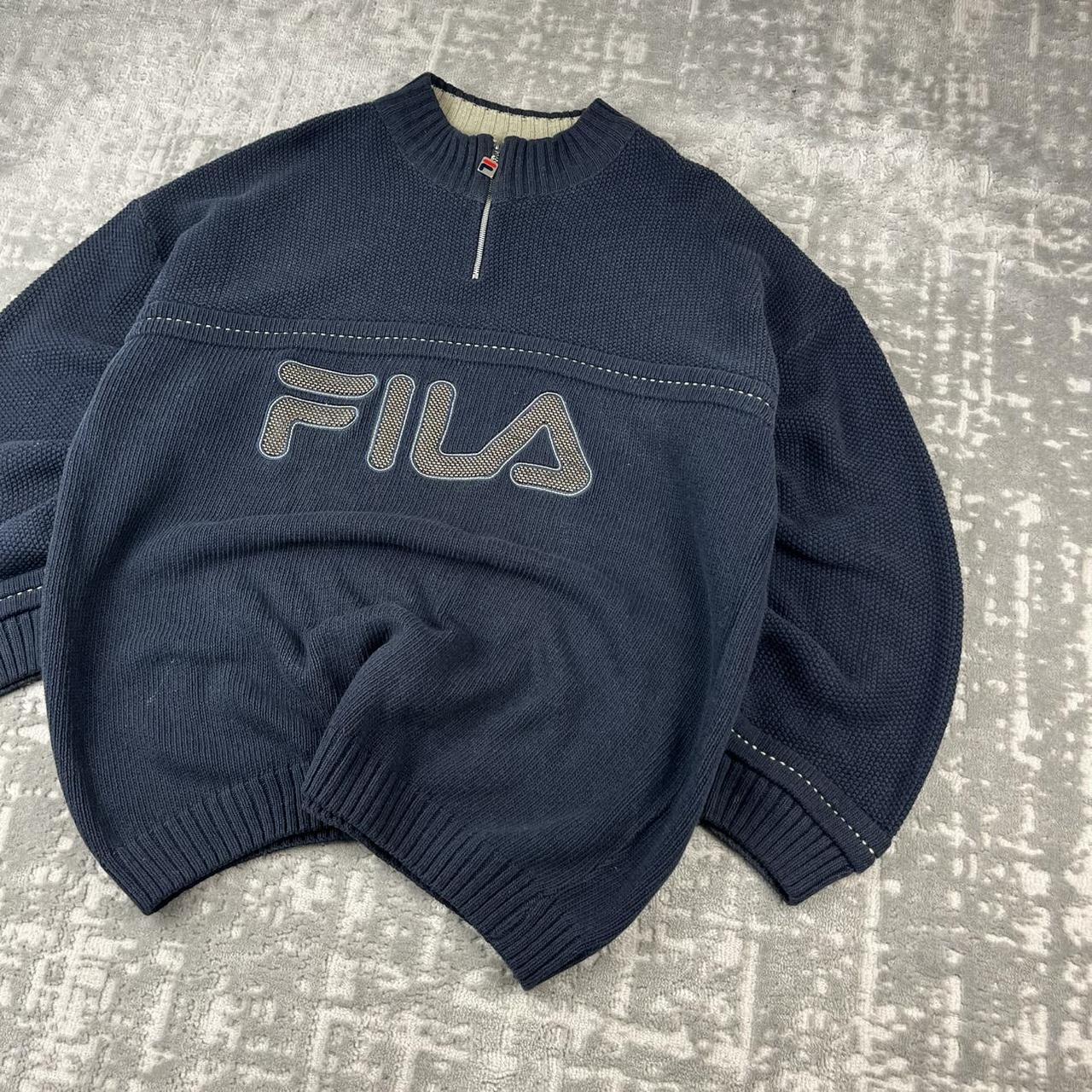 VINTAGE Y2K FILA QUARTER ZIP HEAVY KNITTED JUMPER NAVY