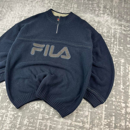 VINTAGE Y2K FILA QUARTER ZIP HEAVY KNITTED JUMPER NAVY