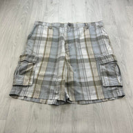 VINTAGE Y2K DOCKERS BAGGY CHECKERED PLAID CARGO SHORTS LIGHT BLUE / CREAM