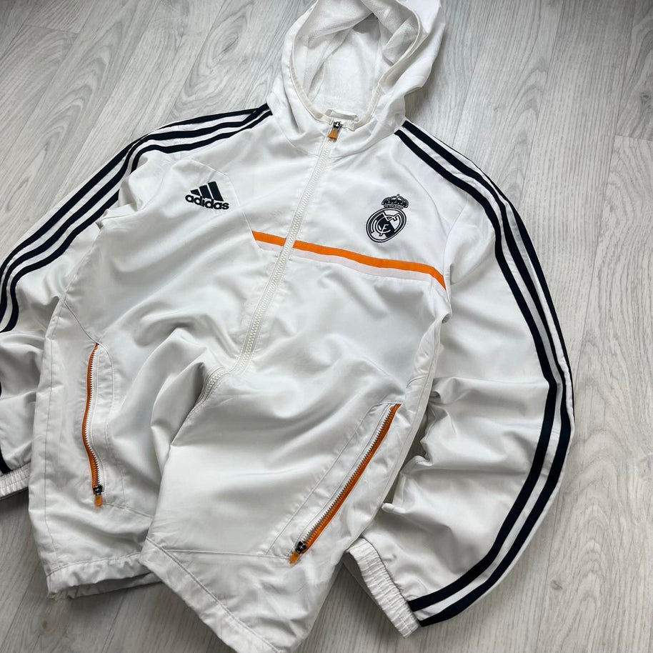 VINTAGE Y2K ADIDAS REAL MADRID HOODED WINDBREAKER JACKET WHITE
