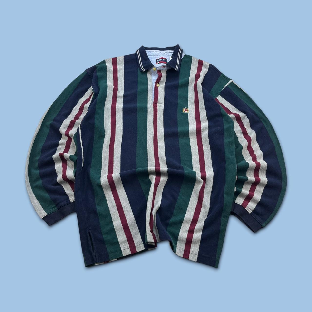 VINTAGE Y2K BUGLE BOY STRIPED LONG SLEEVE RUGBY POLO SHIRT GREEN / NAVY