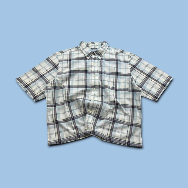 VINTAGE 00s NAUTICA CHECKERED CROPPED SHORT SLEEVE BUTTON UP SHIRT WHITE