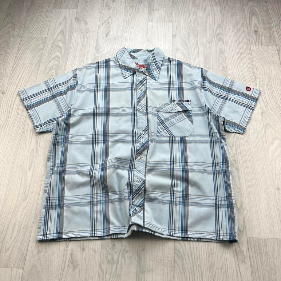 VINTAGE 00s ANIMAL CHECKERED CROPPED SHORT SLEEVE BUTTON UP SHIRT SKY BLUE