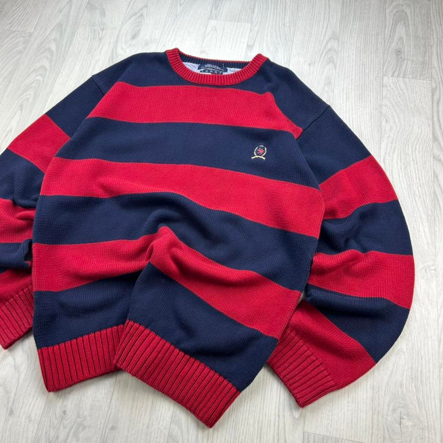 VINTAGE Y2K TOMMY HILFIGER STRIPED CHUNKY KNIT JUMPER NAVY / RED