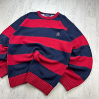 VINTAGE Y2K TOMMY HILFIGER STRIPED CHUNKY KNIT JUMPER NAVY / RED