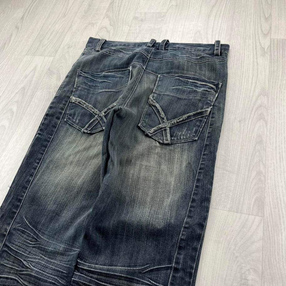 VINTAGE Y2K GRUNGE STRAIGHT LEG FADED JEANS NAVY BLUE