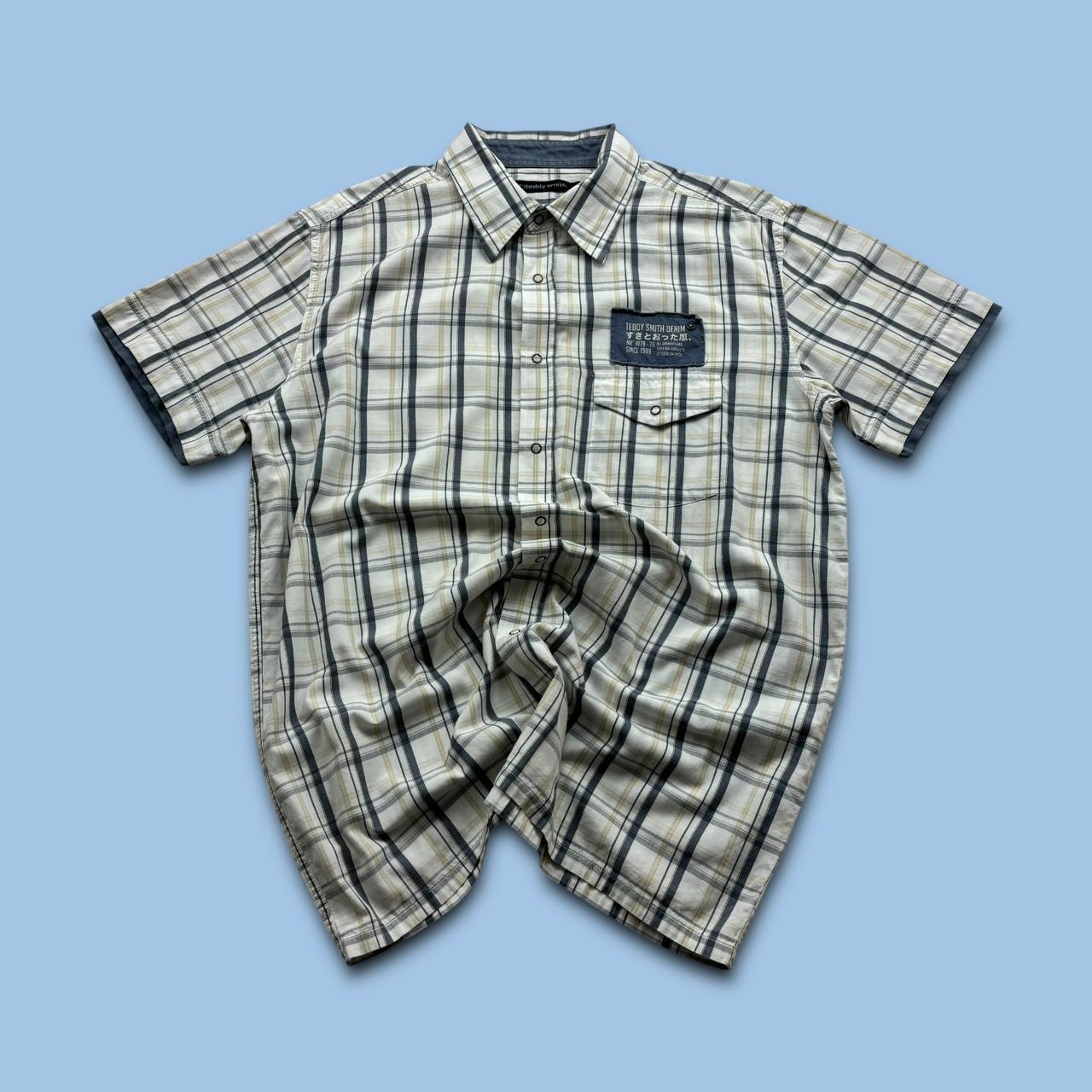 VINTAGE Y2K TEDDY SMITH PLAID SHORT SLEEVE SHIRT WHITE / NAVY