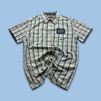 VINTAGE Y2K TEDDY SMITH PLAID SHORT SLEEVE SHIRT WHITE / NAVY