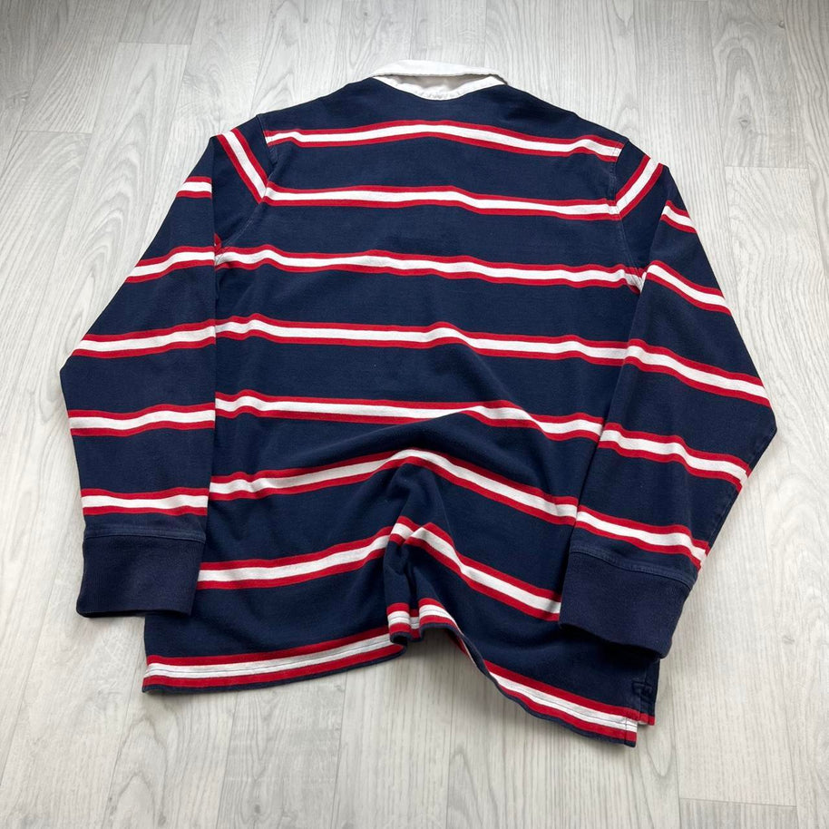 VINTAGE Y2K EXPRESS STRIPED LONG SLEEVE RUGBY POLO SHIRT NAVY