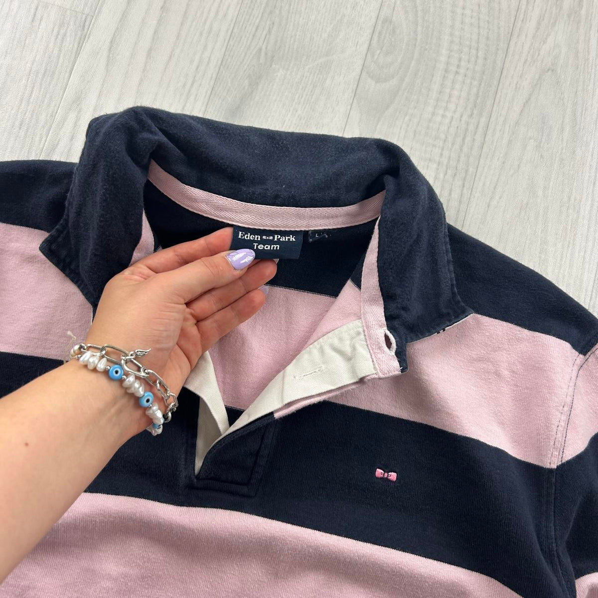 VINTAGE Y2K STRIPED LONG SLEEVE RUGBY POLO SHIRT PINK / NAVY