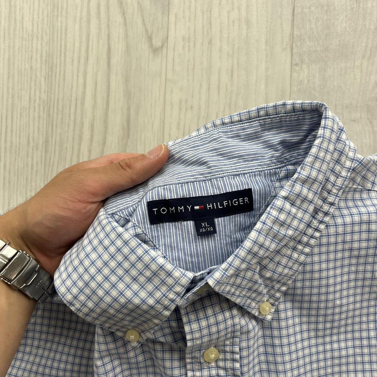 VINTAGE Y2K TOMMY HILFIGER GINGHAM SHORT SLEEVE BUTTON UP SHIRT LIGHT BLUE