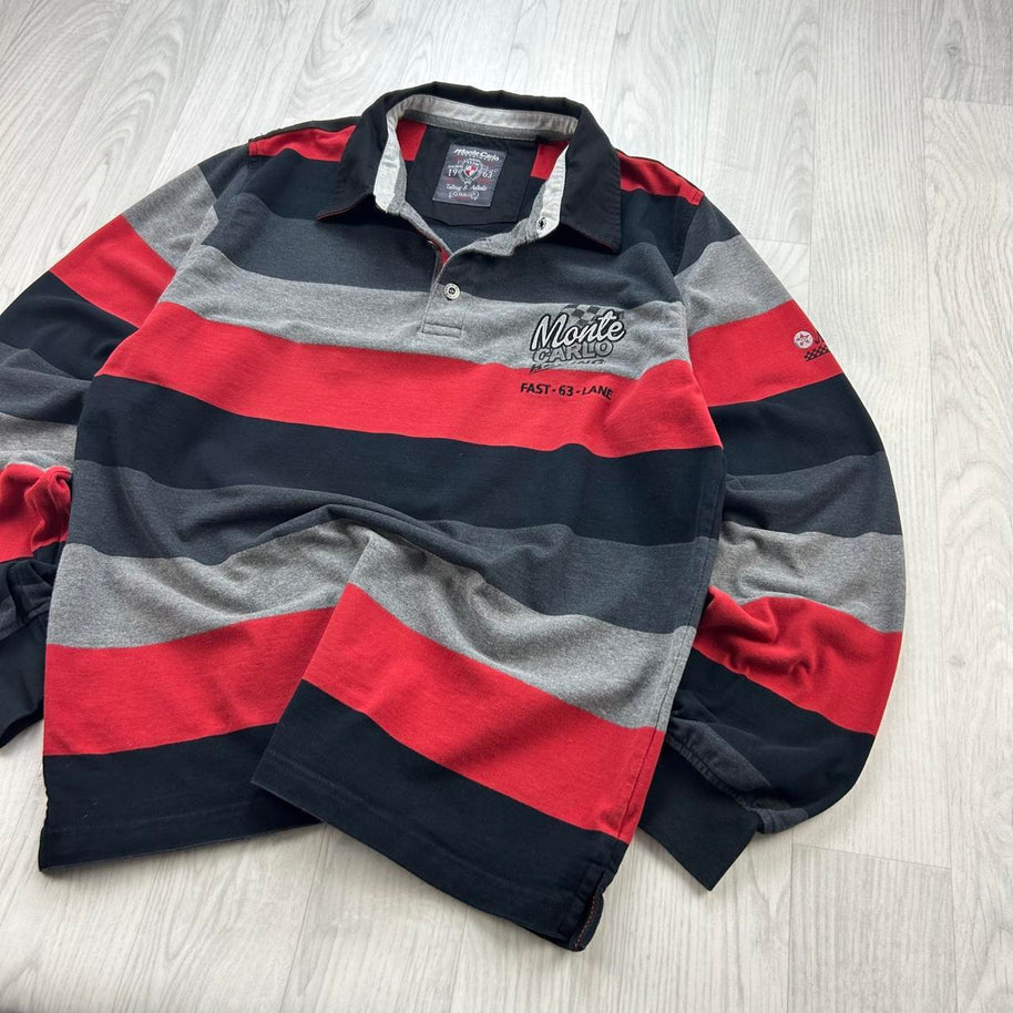 VINTAGE Y2K MONTE CARLO STRIPED LONG SLEEVE RUGBY POLO SHIRT RED / BLACK