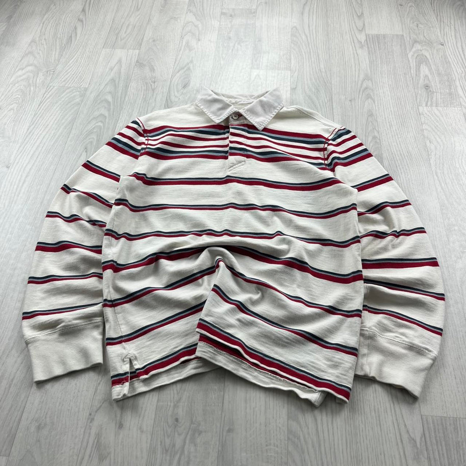 VINTAGE Y2K TOMMY HILFIGER STRIPED LONG SLEEVE RUGBY POLO SHIRT WHITE