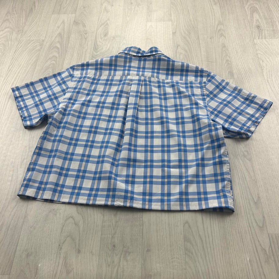 VINTAGE 00s DOCKERS CHECKERED CROPPED SHORT SLEEVE BUTTON UP SHIRT BLUE