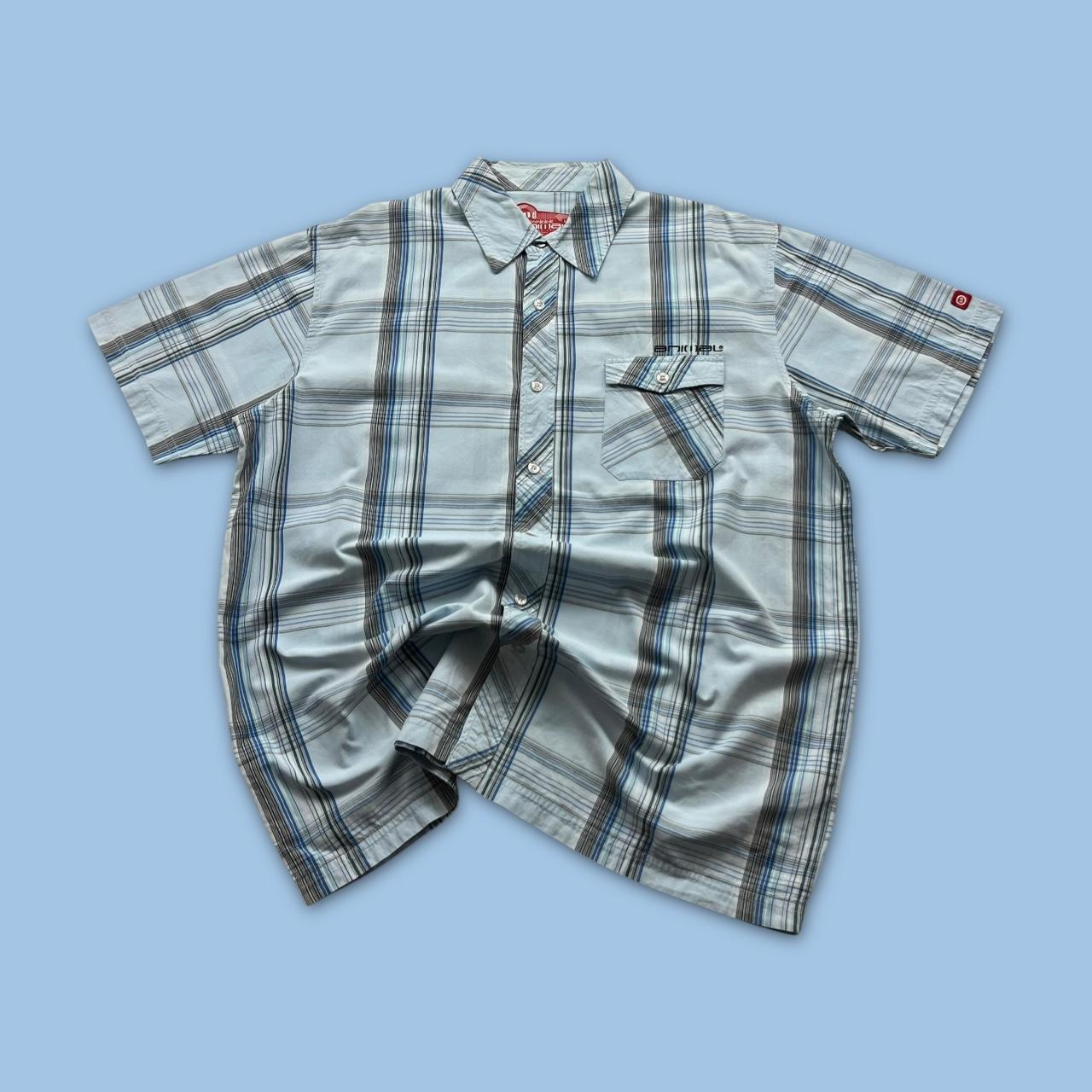 VINTAGE Y2K ANIMAL CHECKERED SHORT SLEEVE SHIRT BLUE