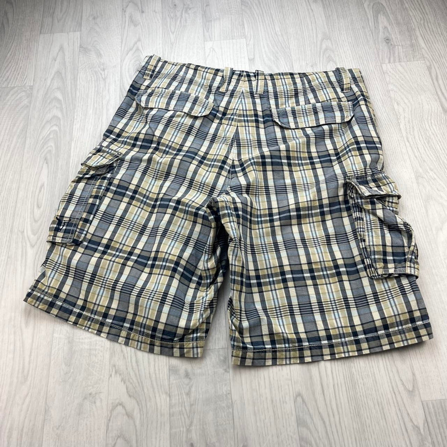 VINTAGE Y2K BAGGY CHECKERED PLAID CARGO SHORTS GREY / YELLOW