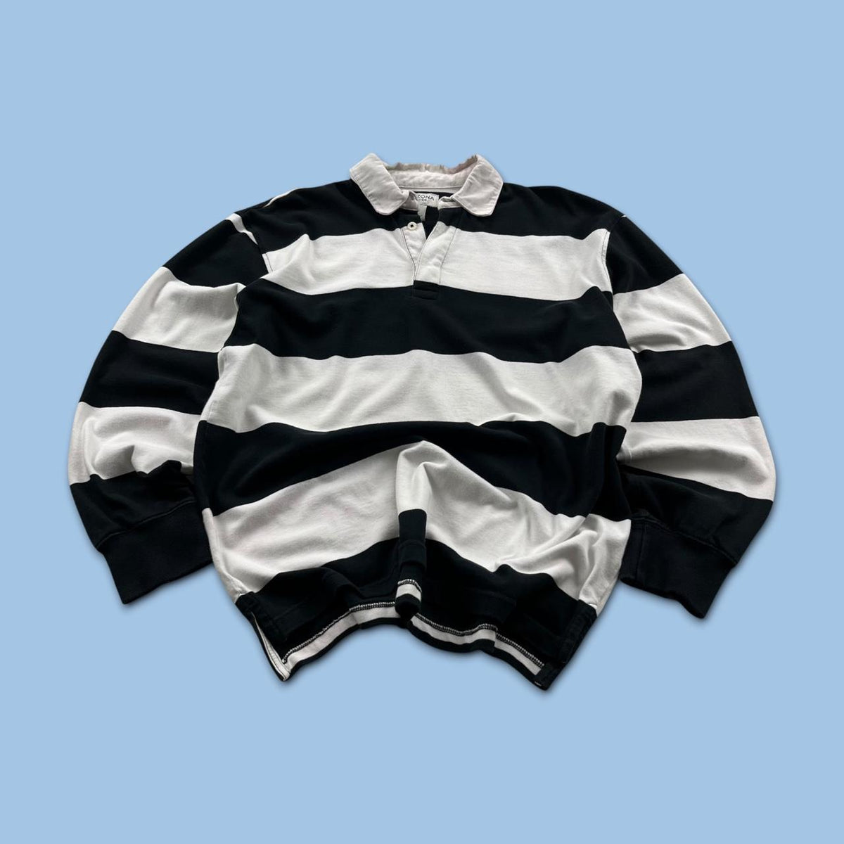 VINTAGE Y2K ARIZONA STRIPED LONG SLEEVE RUGBY POLO SHIRT BLACK / WHITE