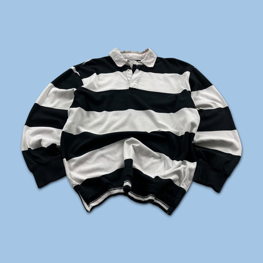 VINTAGE Y2K ARIZONA STRIPED LONG SLEEVE RUGBY POLO SHIRT BLACK / WHITE