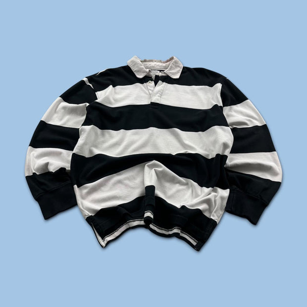 VINTAGE Y2K ARIZONA STRIPED LONG SLEEVE RUGBY POLO SHIRT BLACK / WHITE
