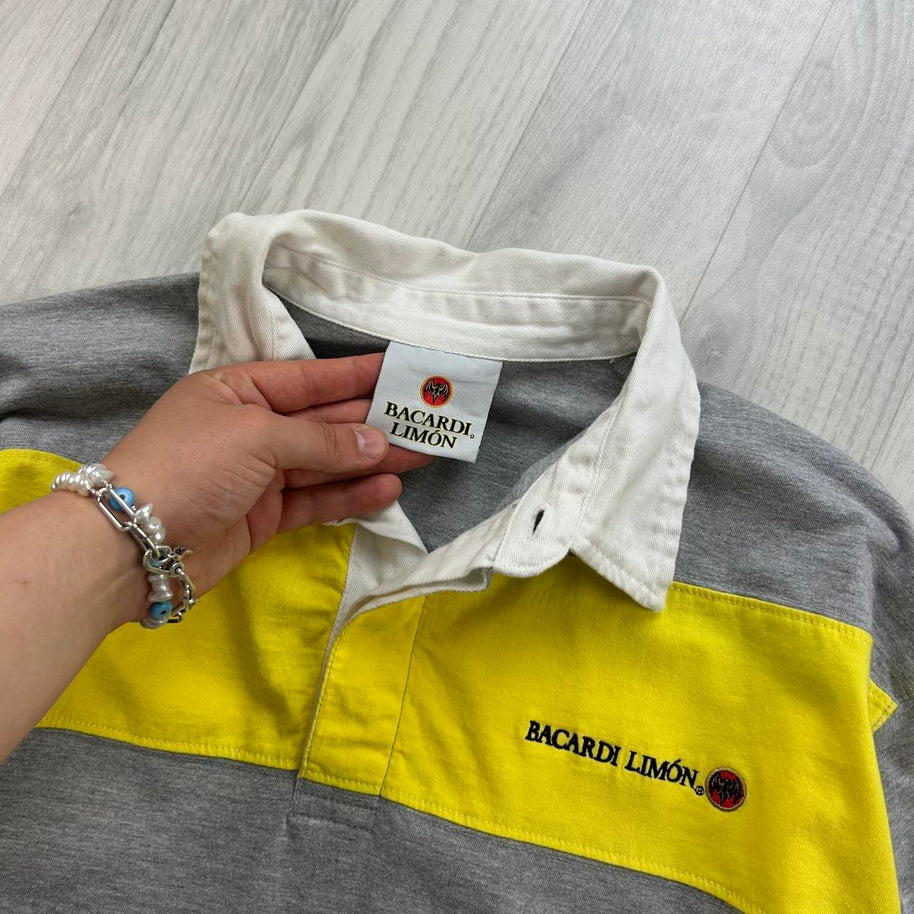 VINTAGE Y2K BACARDI STRIPED LONG SLEEVE RUGBY POLO SHIRT YELLOW / GREY