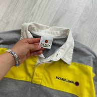 VINTAGE Y2K BACARDI STRIPED LONG SLEEVE RUGBY POLO SHIRT YELLOW / GREY