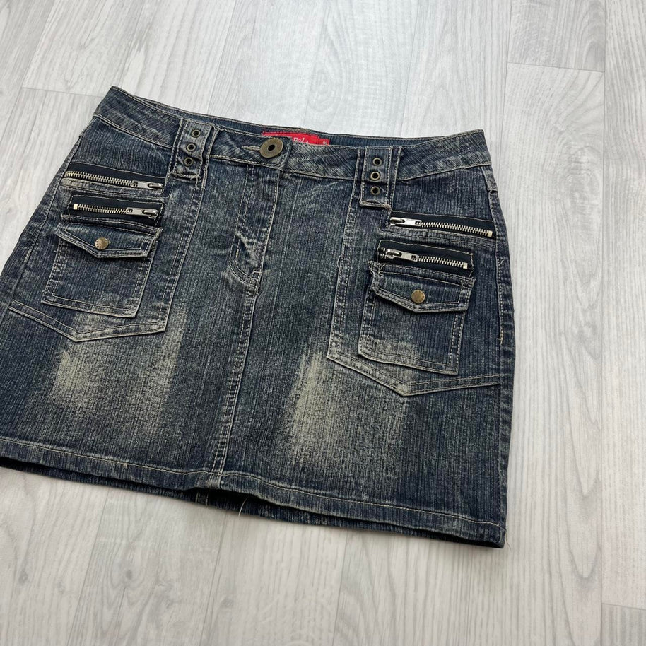 VINTAGE Y2K LOW RISE UTILITY DENIM MINI SKIRT BLUE WASH