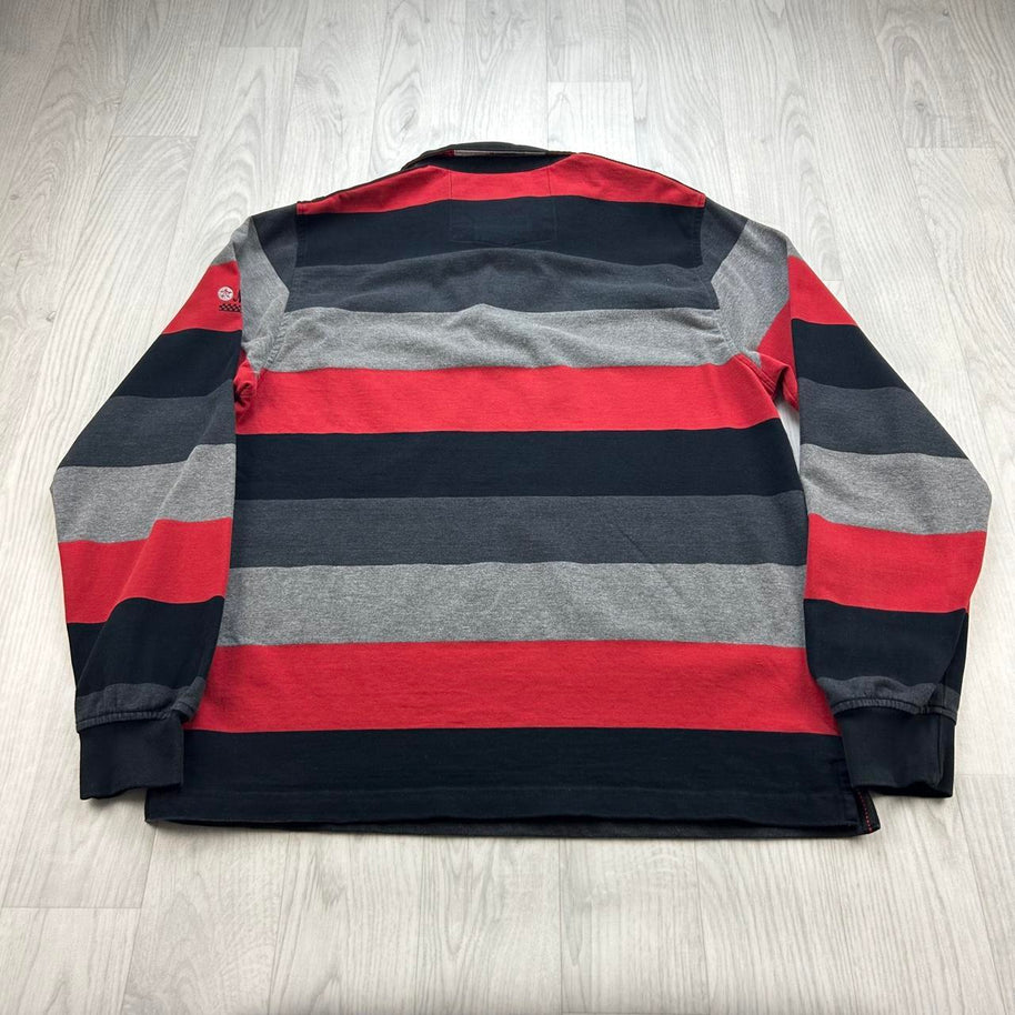 VINTAGE Y2K MONTE CARLO STRIPED LONG SLEEVE RUGBY POLO SHIRT RED / BLACK
