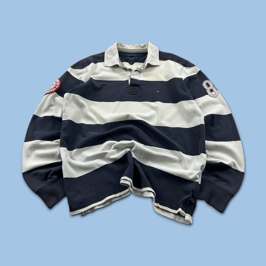 VINTAGE Y2K TOMMY HILFIGER STRIPED LONG SLEEVE RUGBY POLO SHIRT WHITE / NAVY