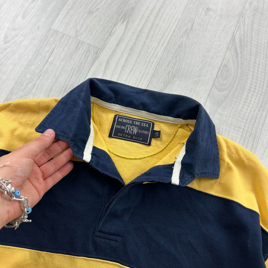 VINTAGE Y2K STRIPED LONG SLEEVE RUGBY POLO SHIRT NAVY / YELLOW