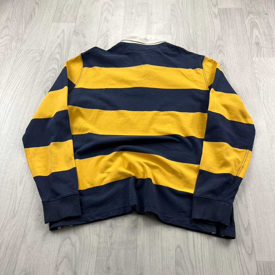 VINTAGE Y2K RALPH LAUREN STRIPED LONG SLEEVE RUGBY POLO SHIRT YELLOW / NAVY