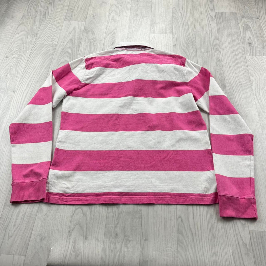 VINTAGE Y2K RALPH LAUREN STRIPED LONG SLEEVE RUGBY POLO SHIRT PINK WHITE