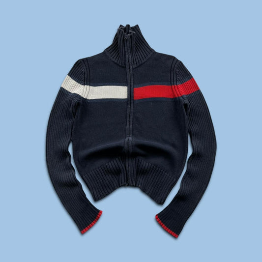 VINTAGE Y2K TOMMY HILFIGER CHUNKY ZIP KNITTED JUMPER NAVY