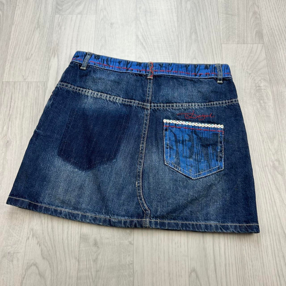 VINTAGE Y2K DESIGUAL DENIM ASYMMETRIC MINI SKIRT BLUE