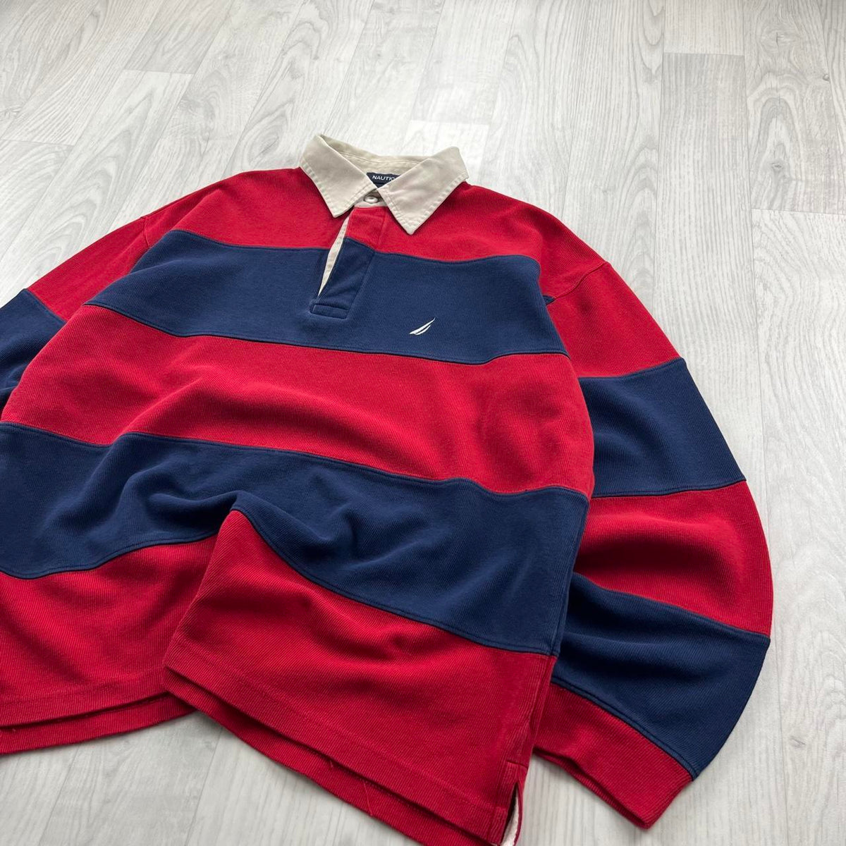 VINTAGE Y2K NAUTICA STRIPED LONG SLEEVE RUGBY POLO SHIRT RED / NAVY