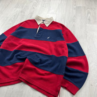 VINTAGE Y2K NAUTICA STRIPED LONG SLEEVE RUGBY POLO SHIRT RED / NAVY
