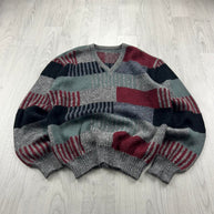 VINTAGE 90s PATTERN COLOUR BLOCK KNITTED JUMPER GREY / MULTI