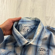 VINTAGE 00s CHEROKEE CHECKERED CROPPED SHORT SLEEVE BUTTON UP SHIRT BLUE WHITE