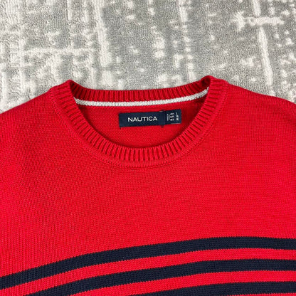 VINTAGE Y2K NAUTICA STRIPED CHUNKY ESSENTIAL KNITTED JUMPER RED