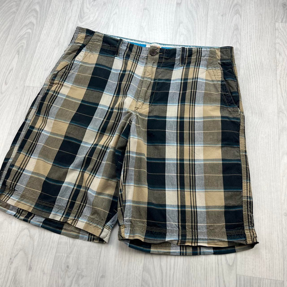 VINTAGE Y2K ROUTE 66 BAGGY CHECKERED PLAID SHORTS BEIGE / BLACK