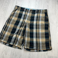 VINTAGE Y2K ROUTE 66 BAGGY CHECKERED PLAID SHORTS BEIGE / BLACK