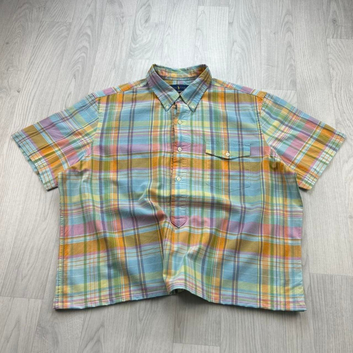 VINTAGE 00s RALPH LAUREN CHECKERED CROPPED SHORT SLEEVE BUTTON UP SHIRT BLUE