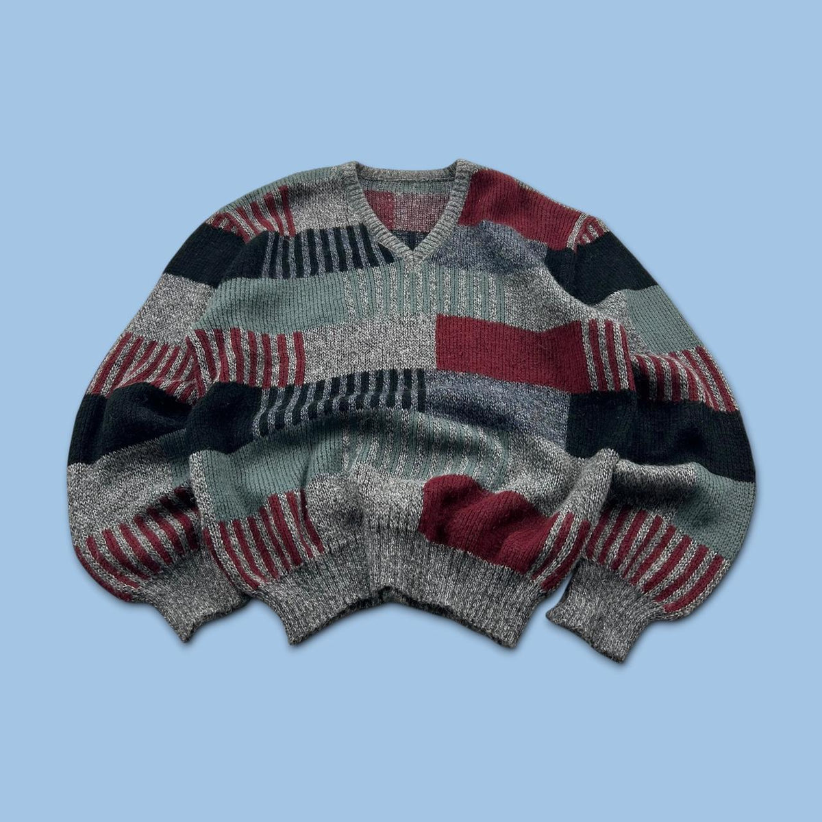 VINTAGE 90s PATTERN COLOUR BLOCK KNITTED JUMPER GREY / MULTI