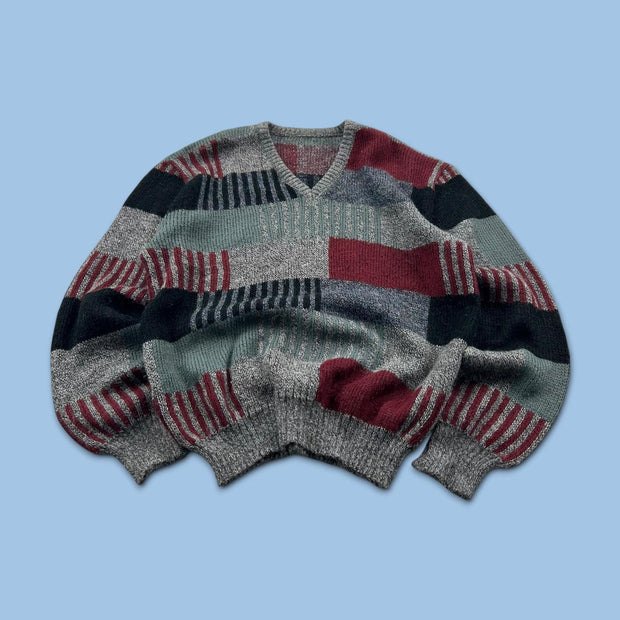 VINTAGE 90s PATTERN COLOUR BLOCK KNITTED JUMPER GREY / MULTI