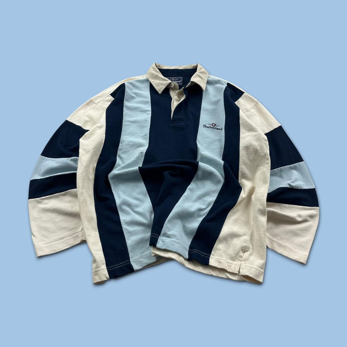 VINTAGE Y2K STRIPED LONG SLEEVE RUGBY POLO SHIRT WHITE BLUE