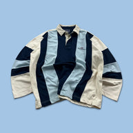 VINTAGE Y2K STRIPED LONG SLEEVE RUGBY POLO SHIRT WHITE BLUE