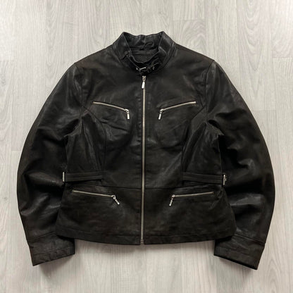 VINTAGE Y2K YESSICA UTILITY LEATHER JACKET BLACK (S)