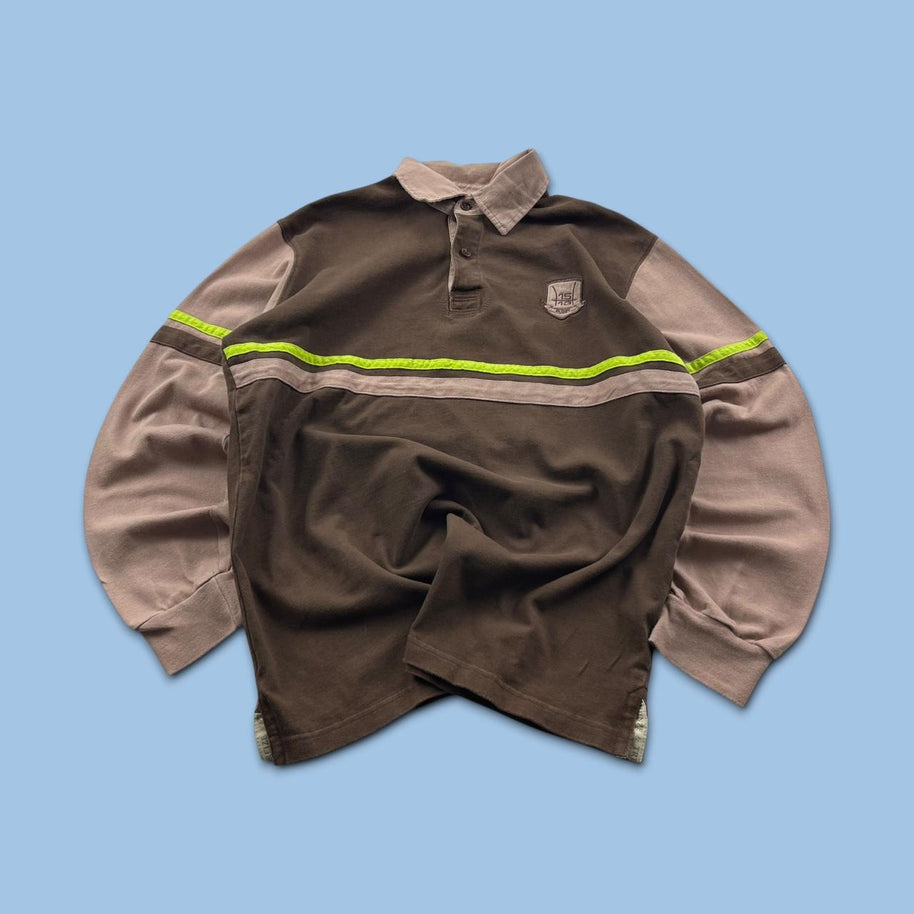 VINTAGE Y2K STRIPED LONG SLEEVE RUGBY POLO SHIRT BROWN